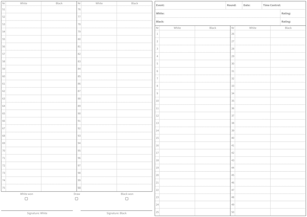 Chess Score Sheet A5 Portrait 50-100